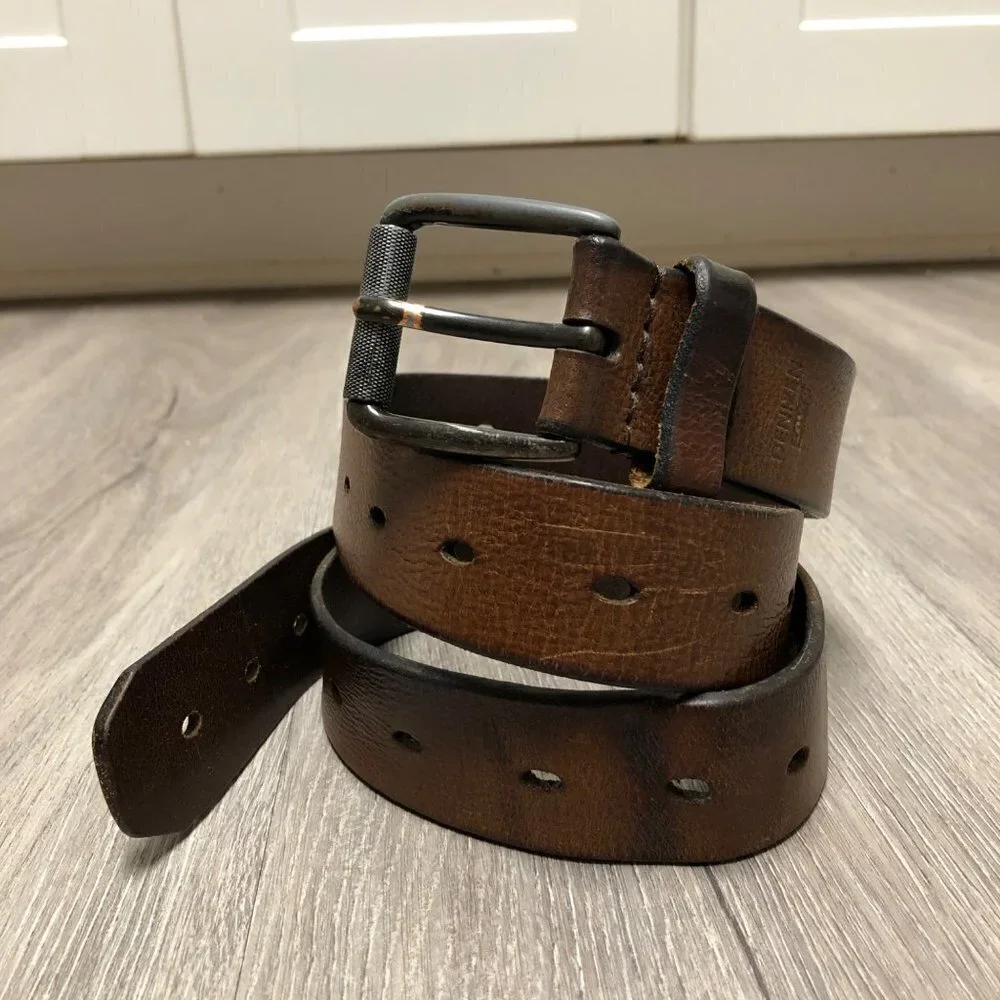 Vintage Levi's Genuine Brown Leather Belt Dark Steel Rolled Buckle Western Belt